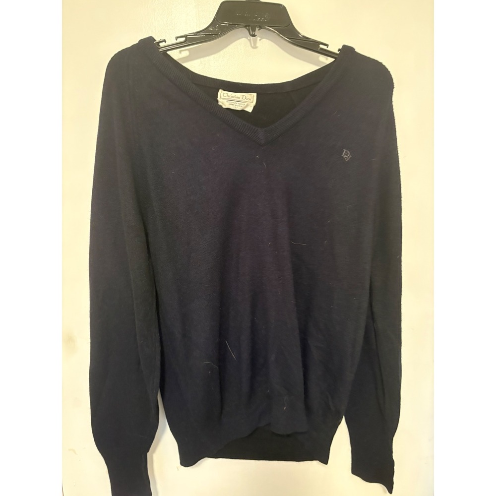 Vintage Christian Dior Mens V-Neck Sweater Navy Blue Orlon Acrylic USA Large